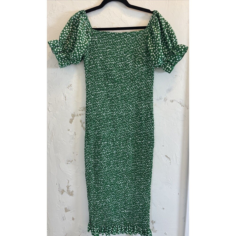 Womens M Green dainty White floral Midi Bodycon Smocked dress Cottagecore - Picture 2 of 7